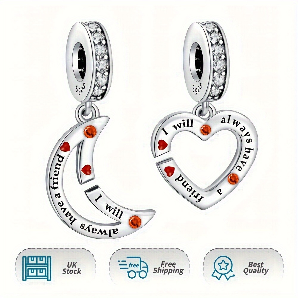 925 Silver Heart & Moon Double Dangle Charm Pendant